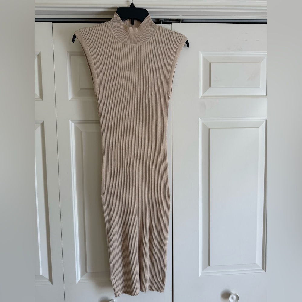Tan Ribbed Sheath Dress Mock Neck